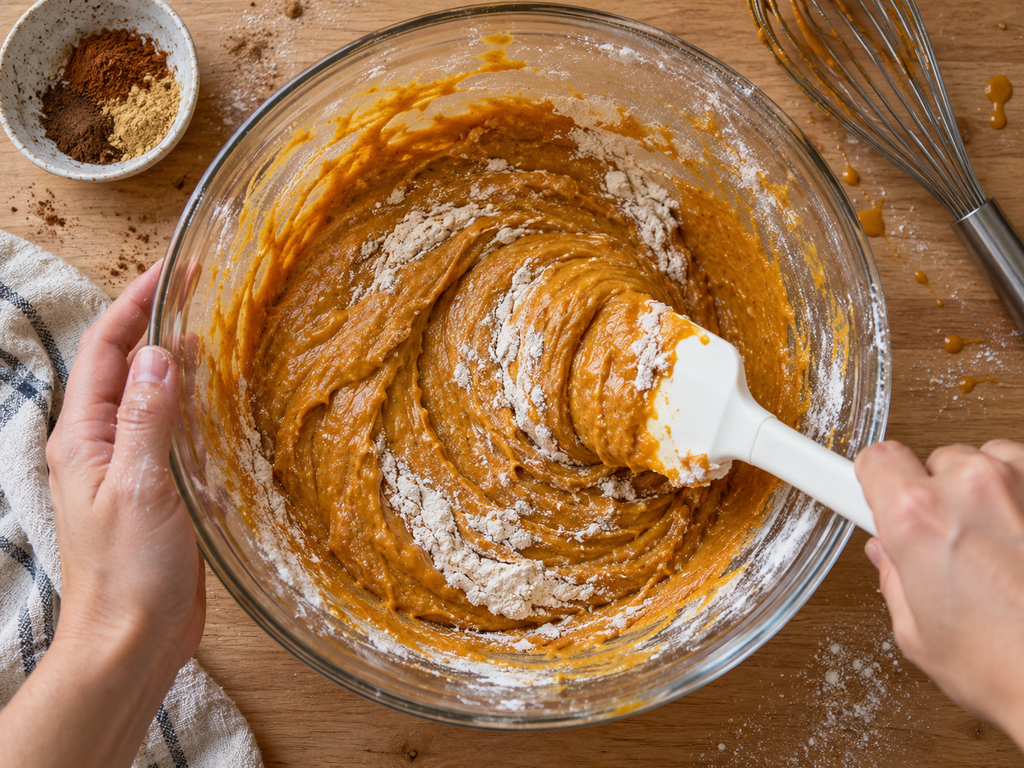 Folding pumpkin bread batter with a spatula in a glass mixing bowl