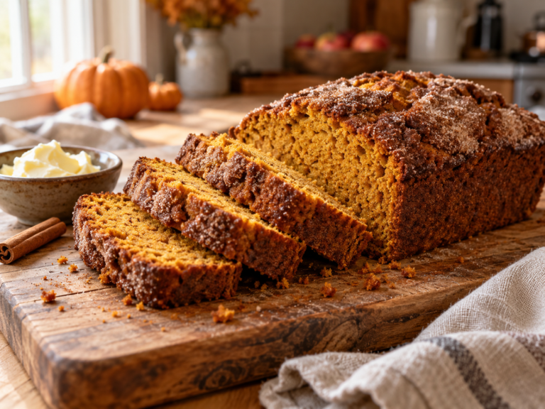 Sliced moist pumpkin bread with a crackly cinnamon sugar top on a wooden board